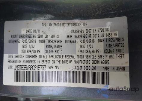 2011 Mazda Cx-9 Sport z USA, uszkodzony, nr VIN JM3TB3BV8B0315737